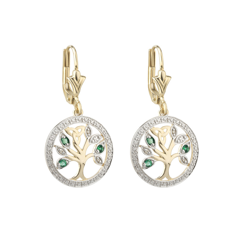 14K Gold Diamond & Emerald Tree Of Life Earrings