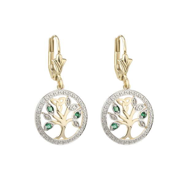 14K Gold Diamond & Emerald Tree Of Life Earrings