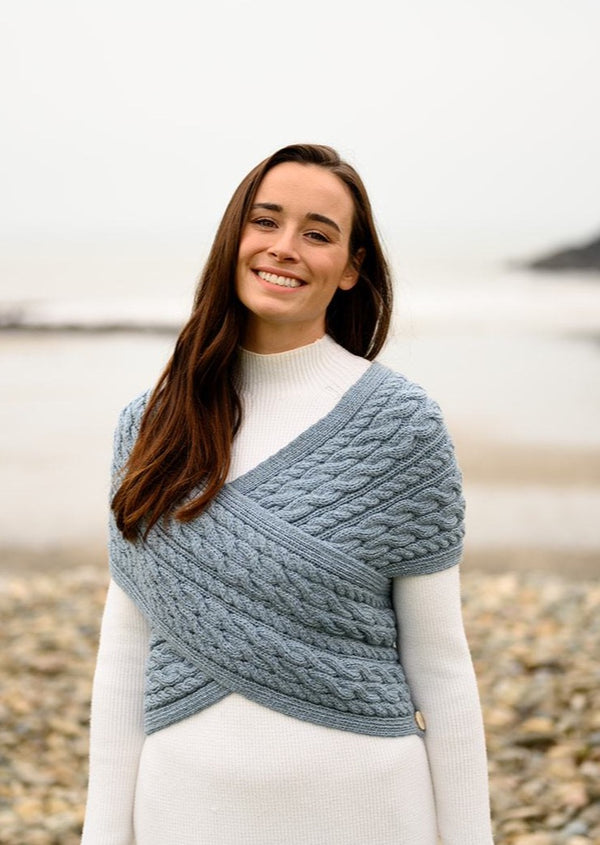 Aqua Aran Cable Crossover Wrap With Buttons