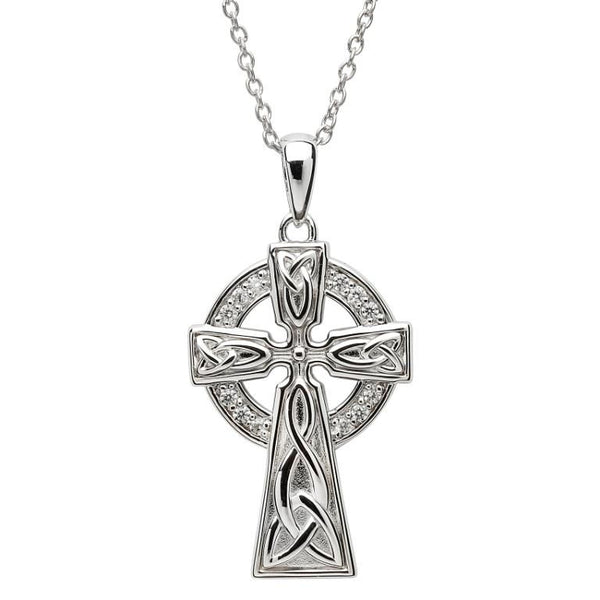Large Celtic Stone Set Trinity Knot Silver Cross