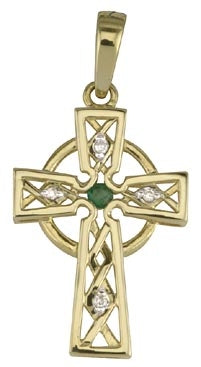 Solvar 14K Diamond Emerald Celtic Cross Charm S8708
