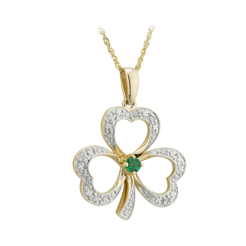 14K Gold Diamond & Emerald Shamrock Necklace
