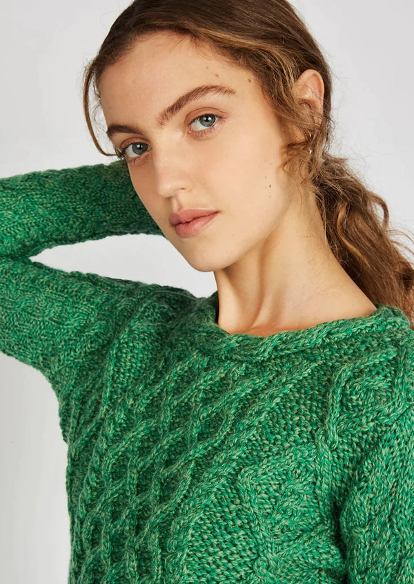 Lambay Lattice Cable Aran Sweater | Green Marl