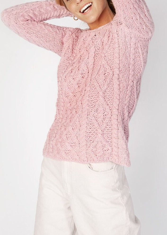 Irelands Eye Lambay Lattice Pink Cable Aran Sweater