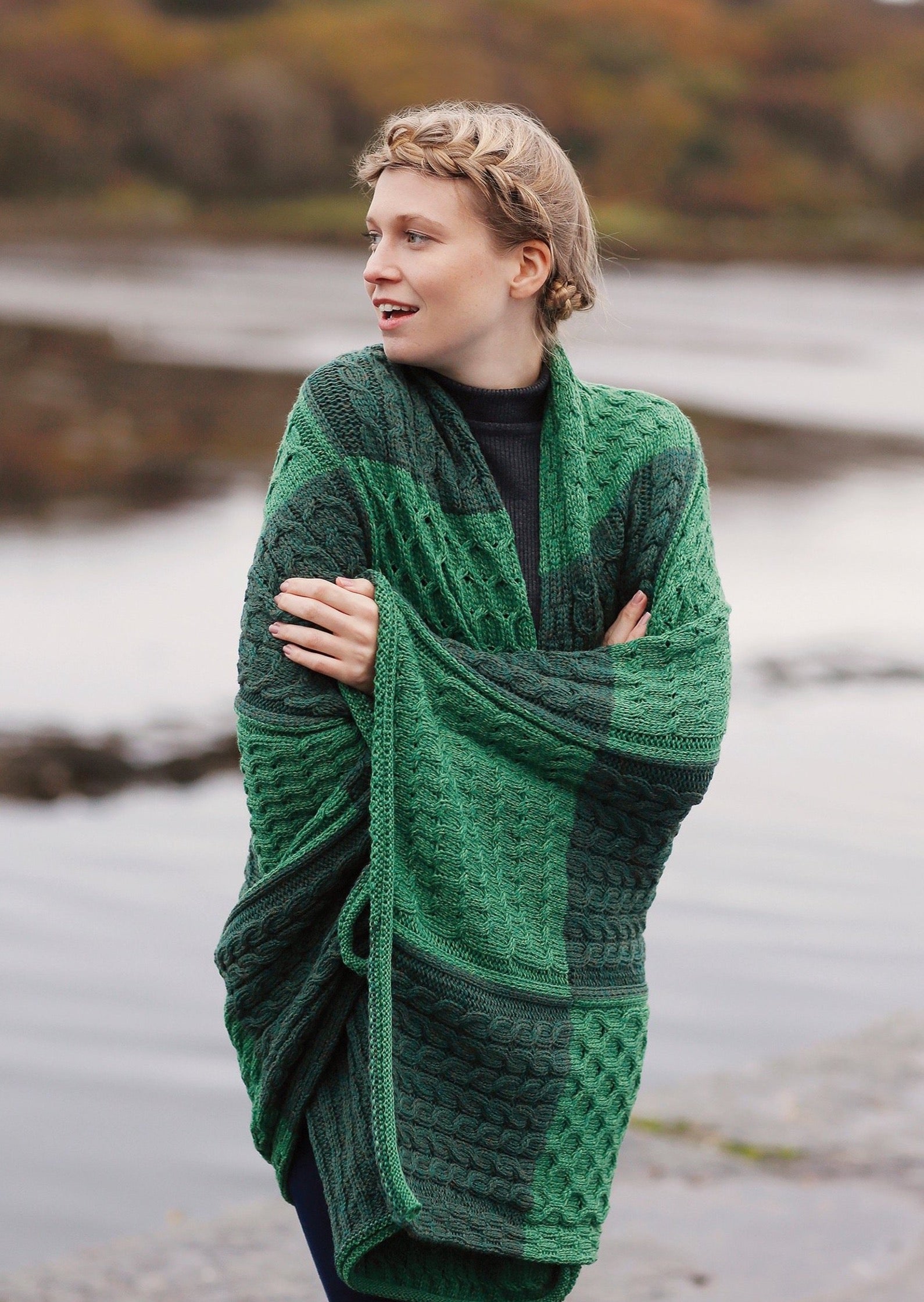 Aran Plaited Patchwork Merino Wool Irish Green Blanket
