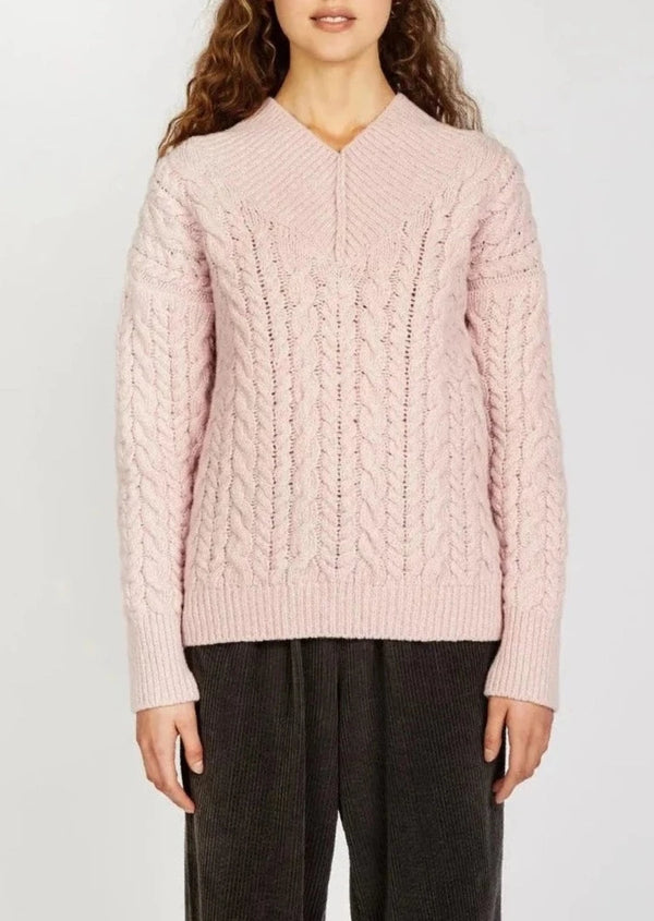 Cable V-neck Pink Mist Aran Sweater