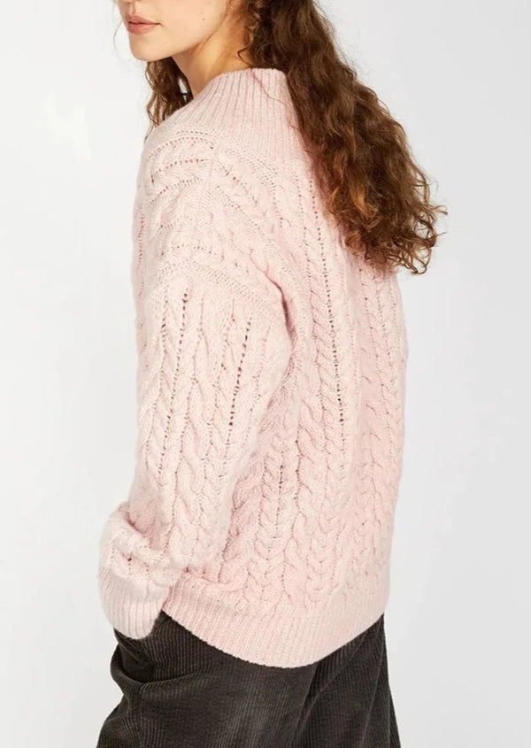 Cable V-neck Pink Mist Aran Sweater