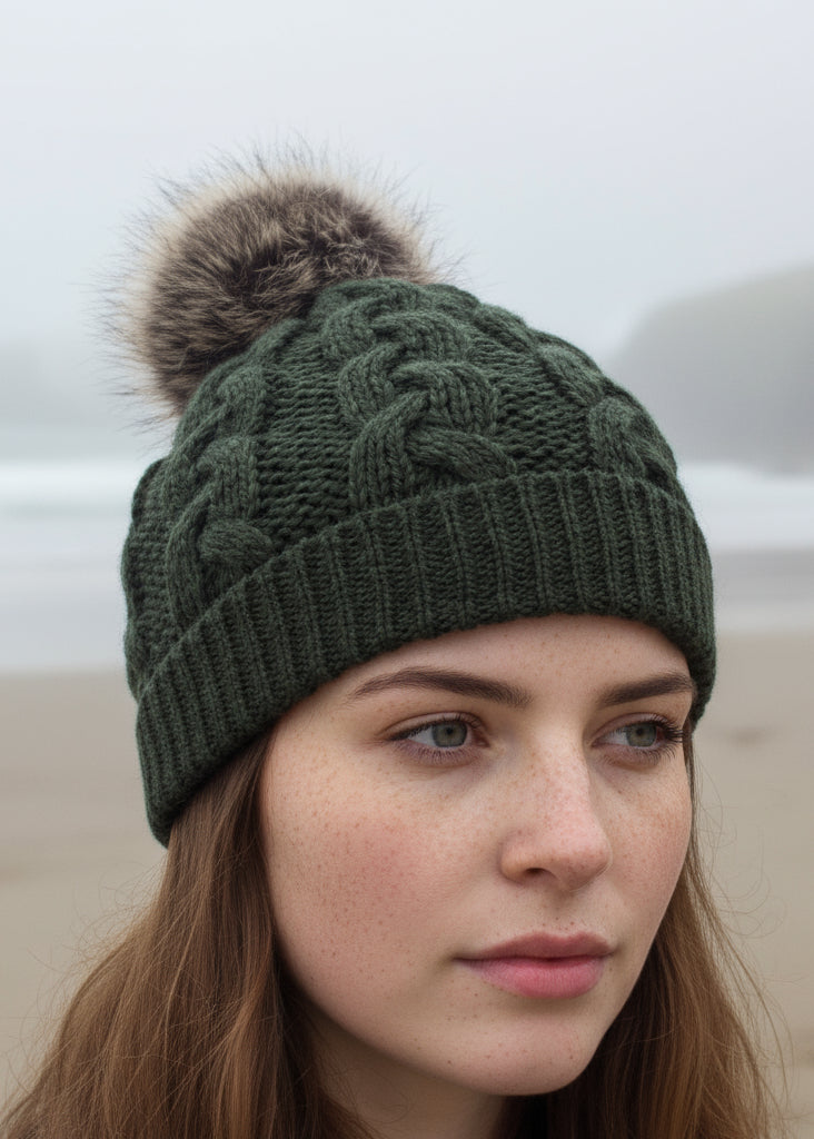 Aran Cable Knit Green Pom Pom Hat