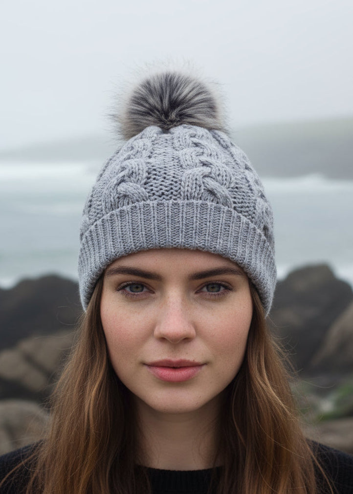 Aran Cable Knit Soft Gray Pom Pom Hat