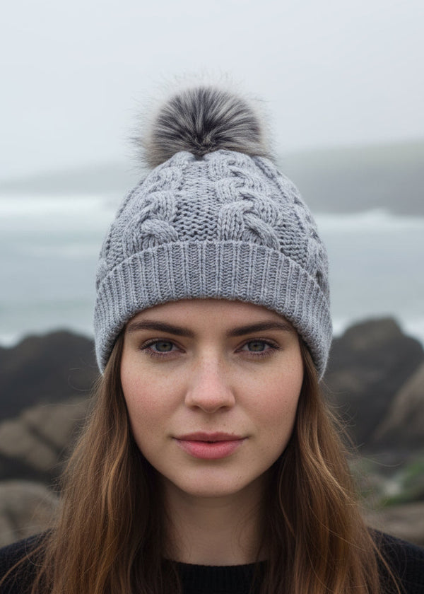 Aran Cable Knit Soft Gray Pom Pom Hat