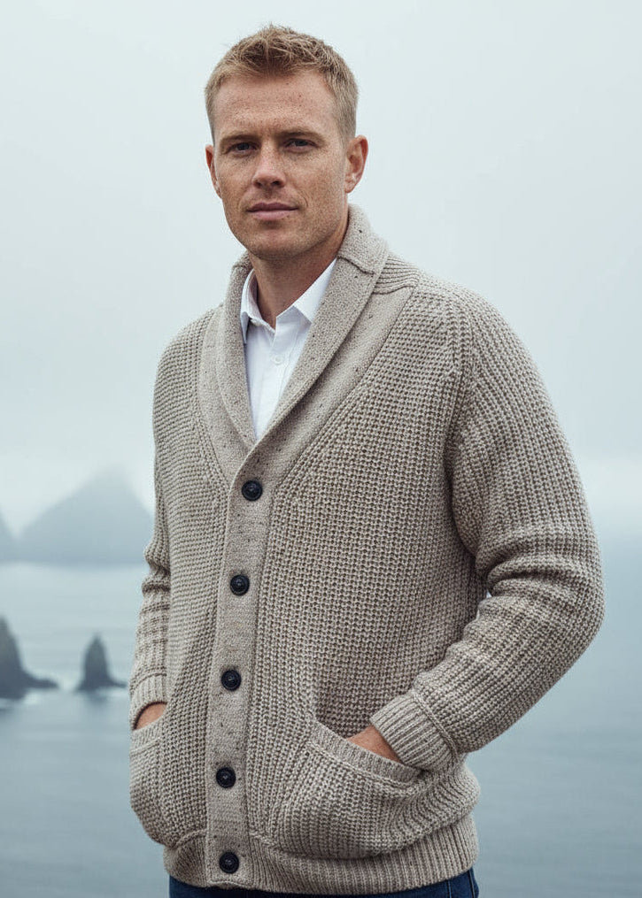 Aran Crafts Ribbed Gents Oatmeal Cardigan - Skellig Gift Store