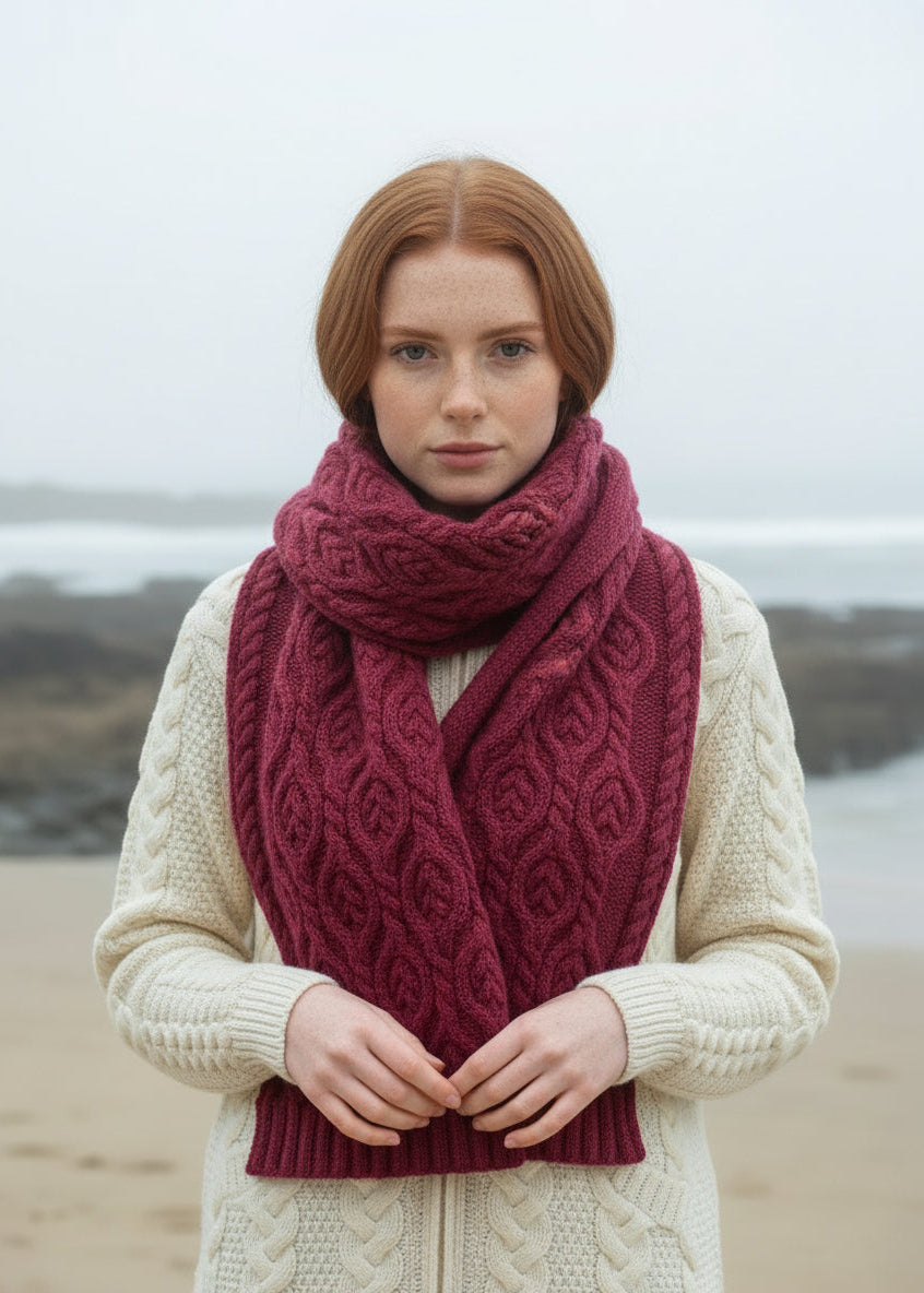 Raspberry Aran Leaf Design Scarf