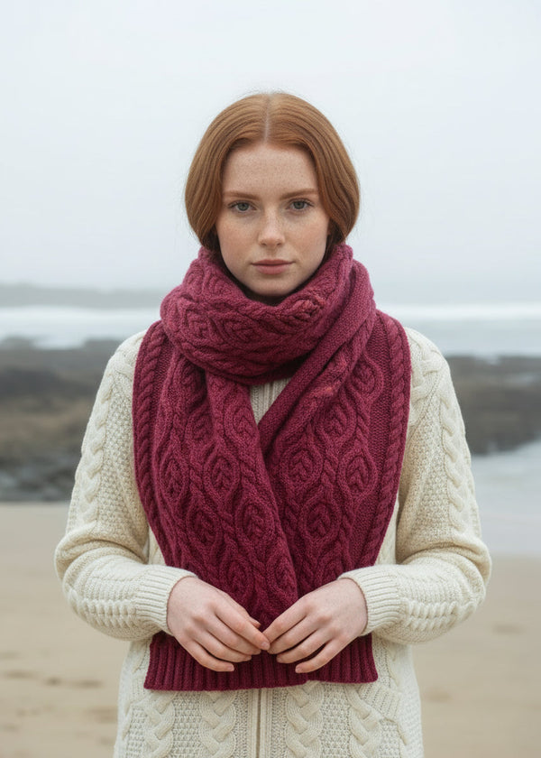 Raspberry Aran Leaf Design Scarf