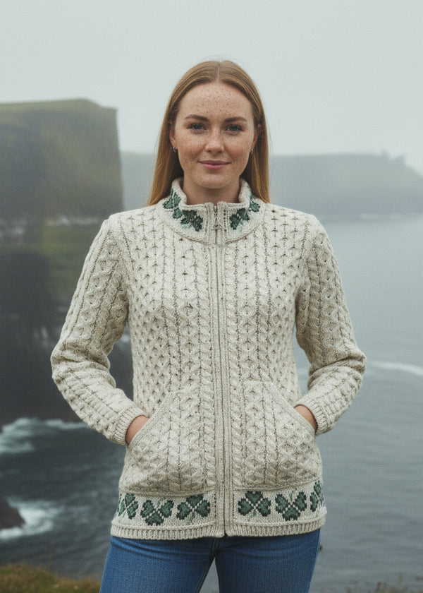 Aran Crafts Shamrock Zip Cardigan - Skellig Gift Store