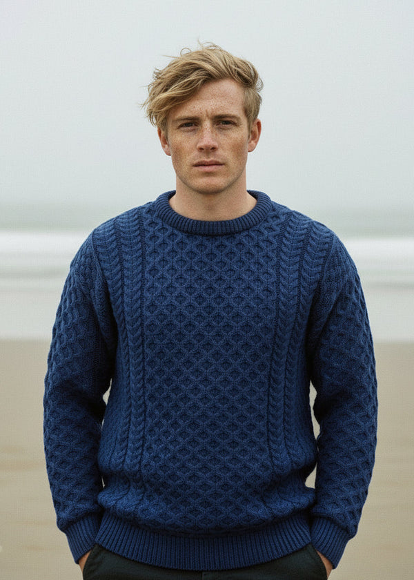Kildare Merino Crew Neck Blue Aran Sweater