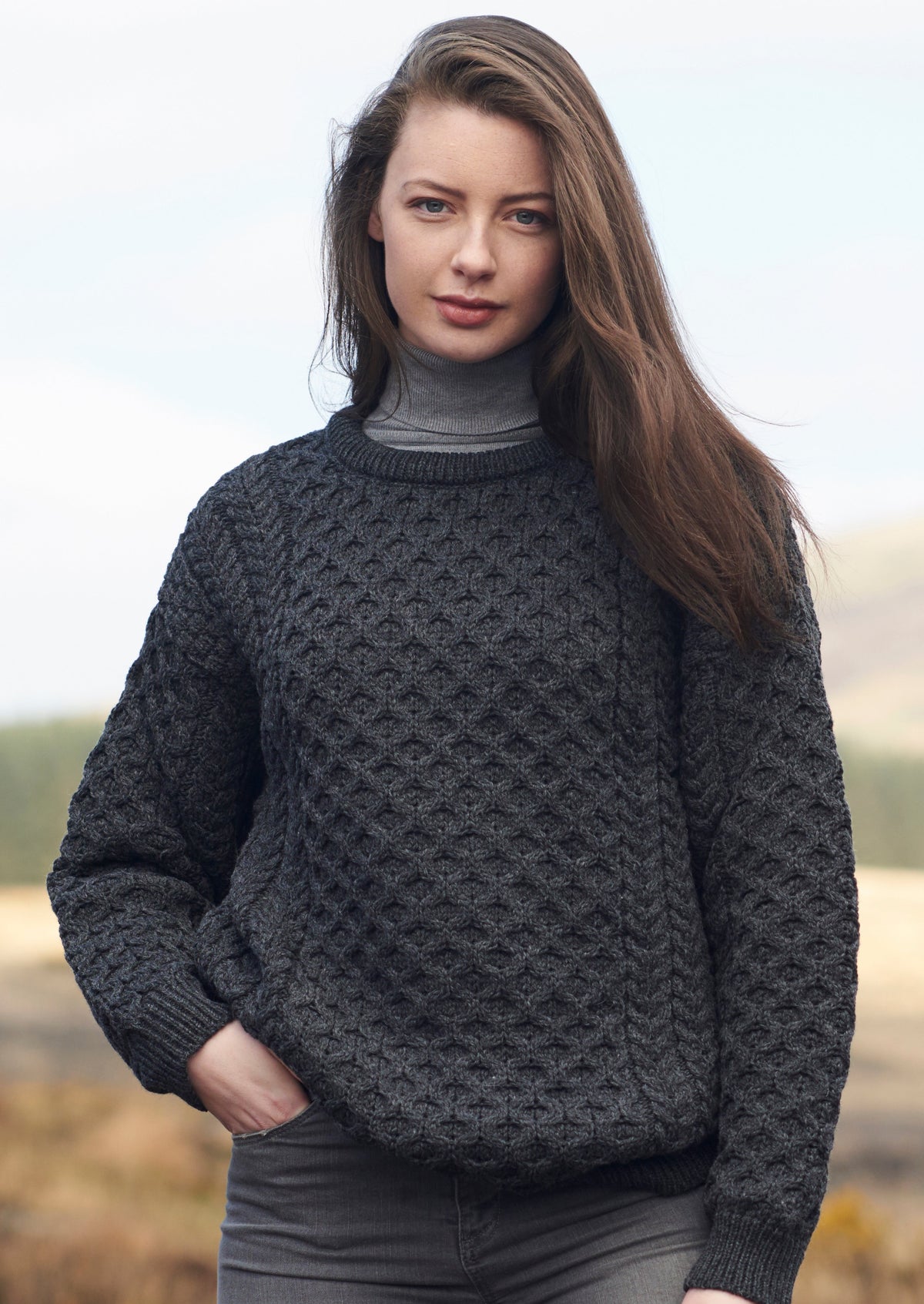 Aran Kildare Merino Wool Unisex Charcoal Sweater - Aran Crafts Ireland