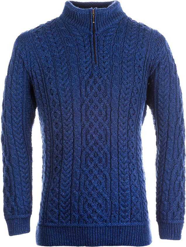 Men's Super Soft Blue Half Zip Aran Sweater