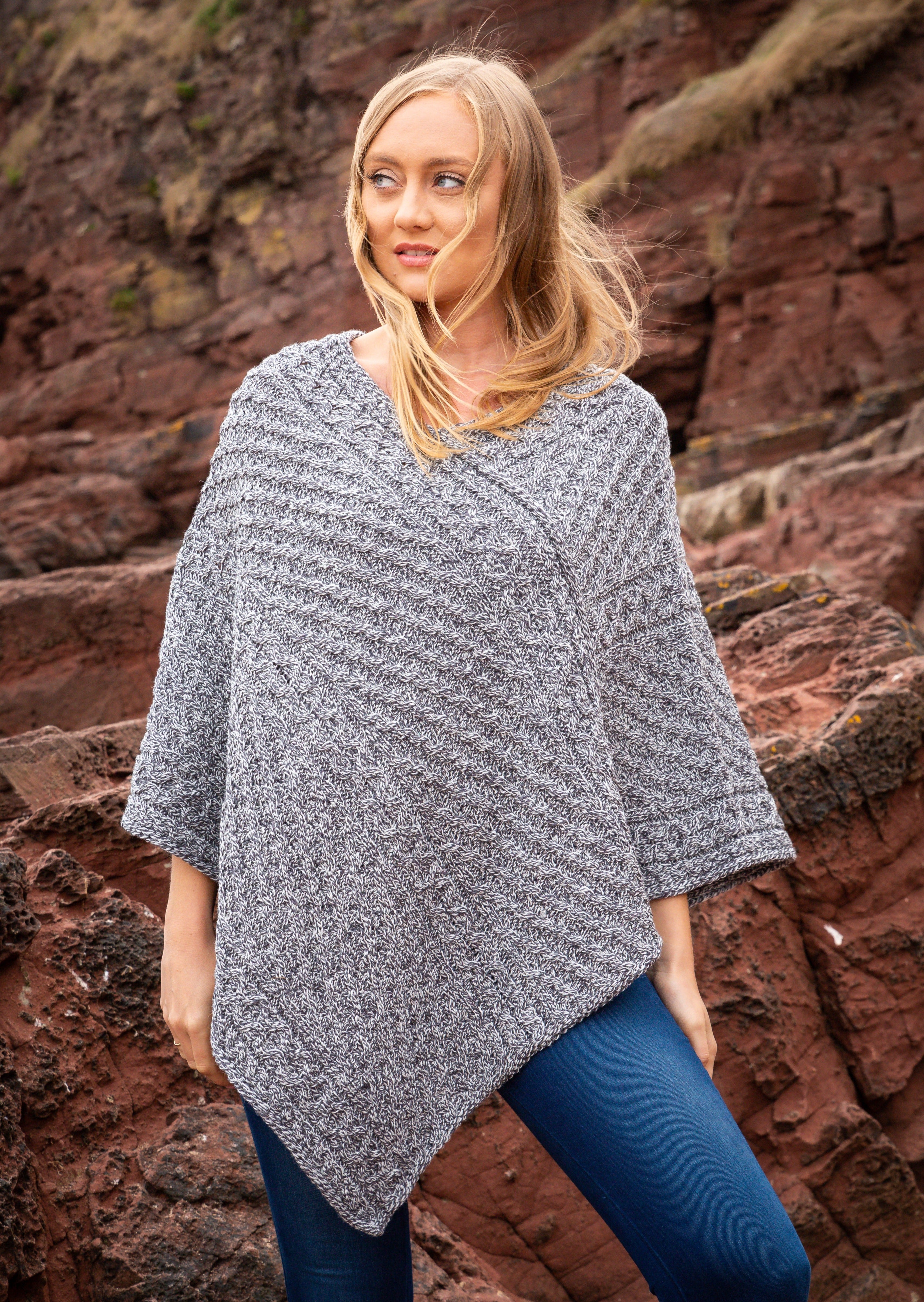 Aran Charcoal Marl Merino Wool V Poncho