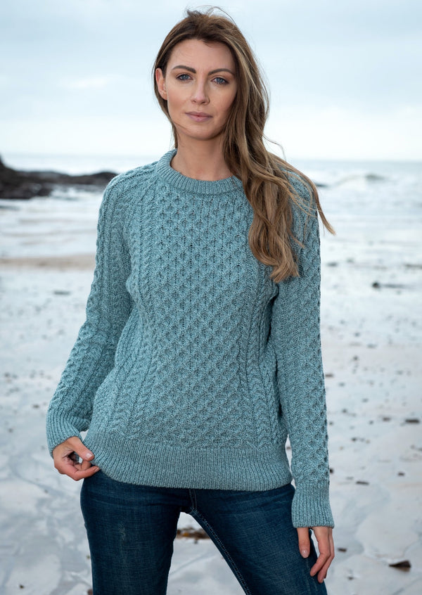 Ladies Slim-Fit Aran Sweater | Aqua