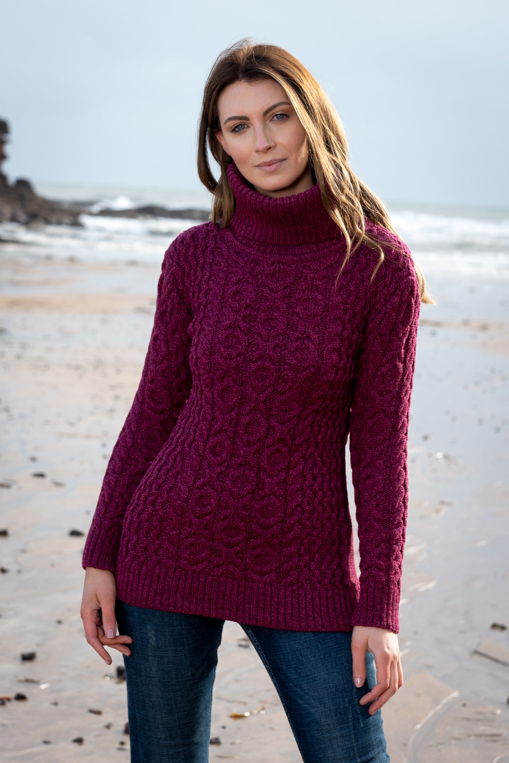 Aran Cowl Neck Raspberry Merino Wool Sweater