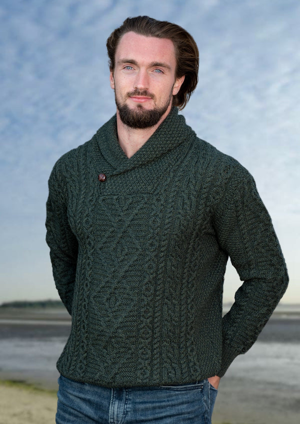 Aran Shawl Neck Army Green Sweater
