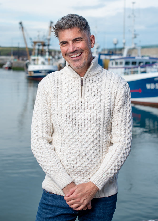 Aran Merino Wool Natural Half Zip Sweater