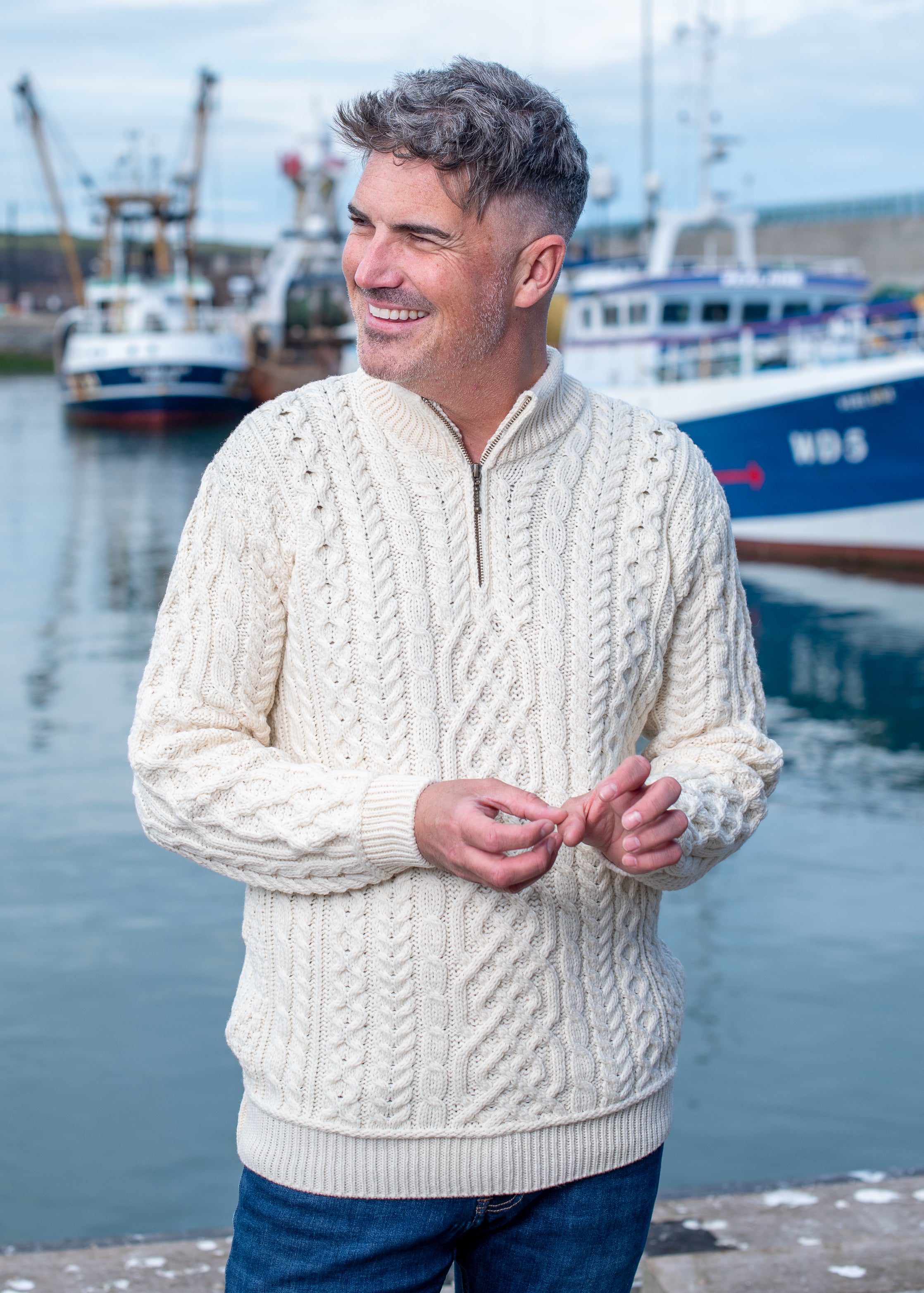 Aran Woollen Mills Men's Super Soft Zip Sweater | Natural