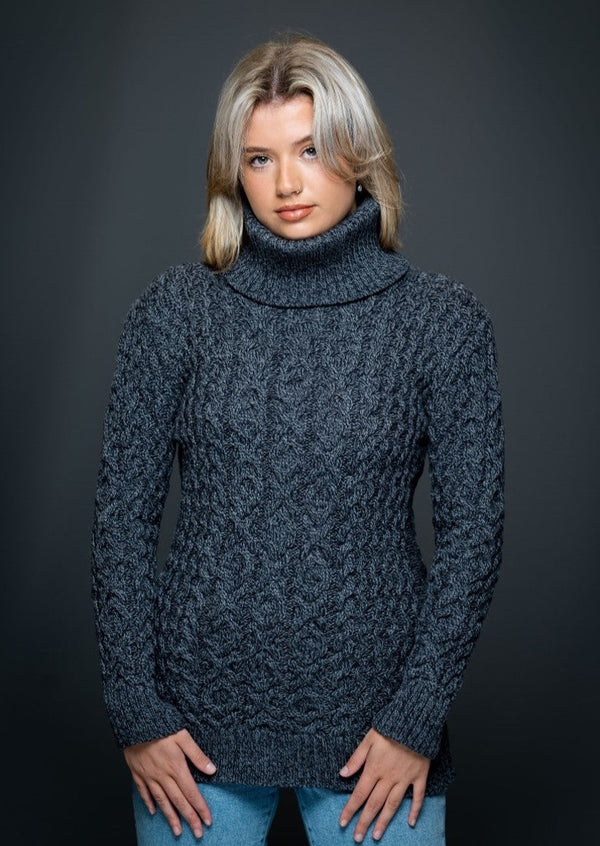 Aran Cowl Neck Charcoal Merino Wool Sweater