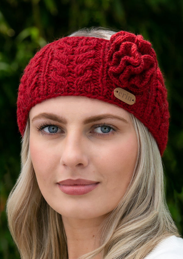 Aran Cable Knitted Red Wool Flower Headband