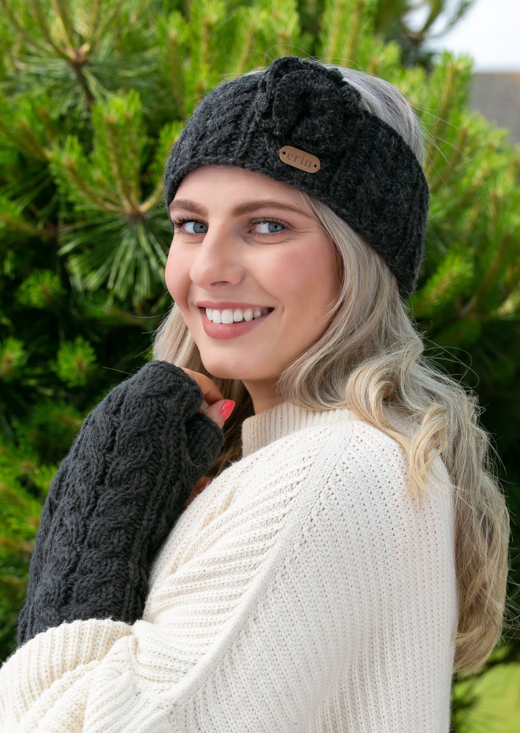 Aran Cable Knitted Charcoal Wool Flower Headband