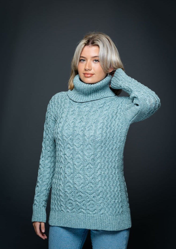 Aran Cowl Neck Aqua Merino Wool Sweater