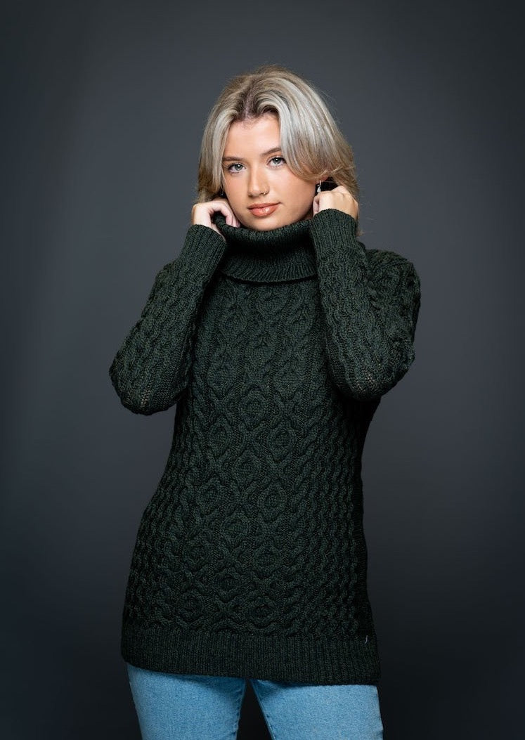 Aran Cowl Neck Army Green Merino Wool Sweater