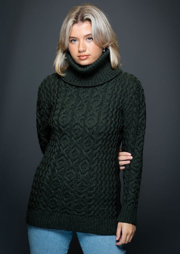 Aran Cowl Neck Army Green Merino Wool Sweater