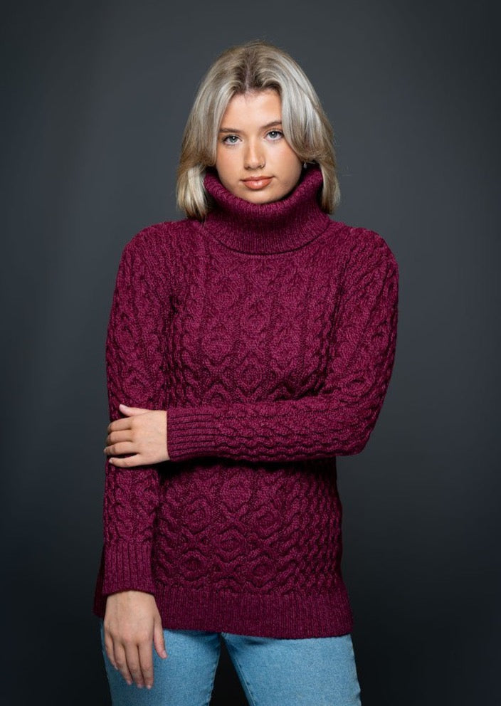Aran Cowl Neck Raspberry Merino Wool Sweater