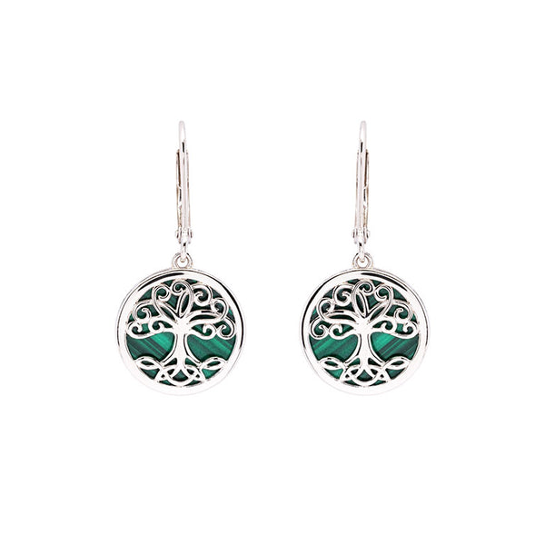 Green Malachite Sterling Silver Tree of Life Earrings