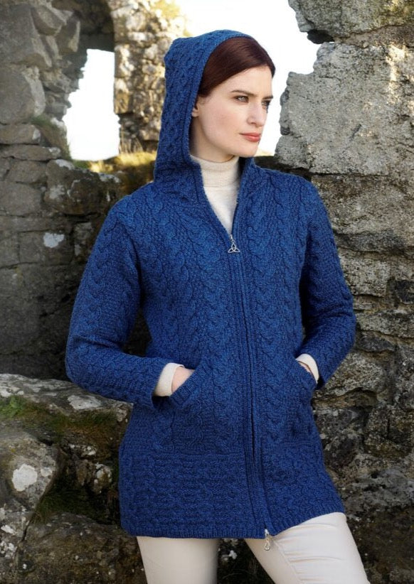 Aran Blue Galway Coat With Celtic Knot Zipper