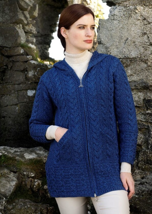 Aran Blue Galway Coat With Celtic Knot Zipper