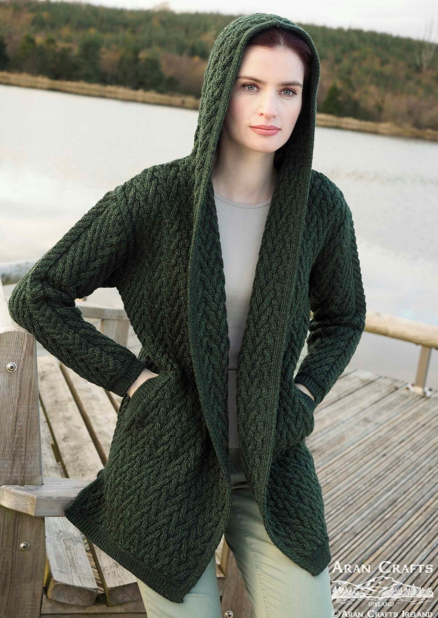 Aran Crafts Herringbone Shawl Hooded Cardigan | Green