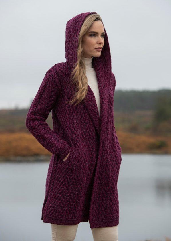 Aran Crafts Herringbone Shawl Hooded Cardigan | Purple