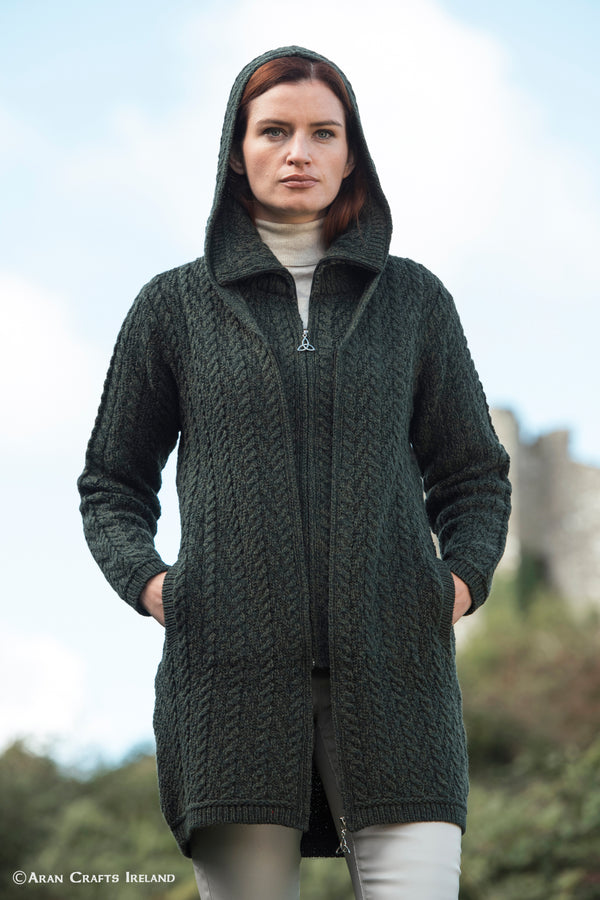 Aran Crafts Green Hooded Zip Coat | Skellig Gift Store