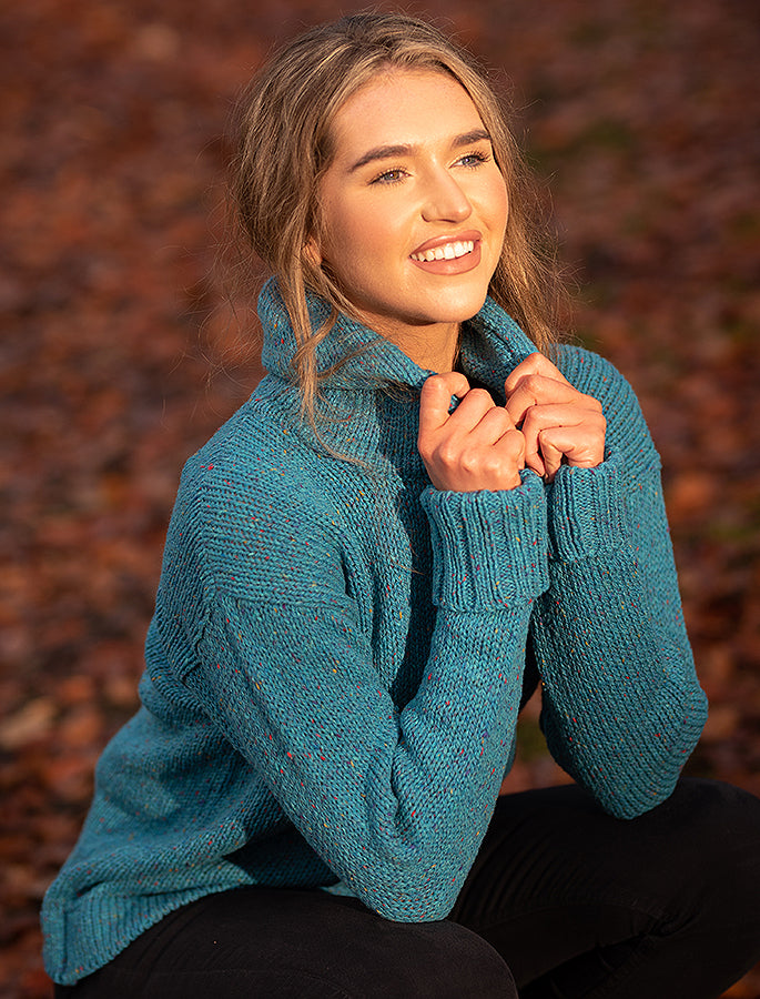 Ladies Donegal Wool Sky Blue Hooded Sweater