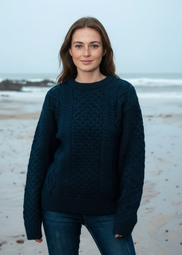 Oversized Lightweight Aran Sweater | Navy Green Mix