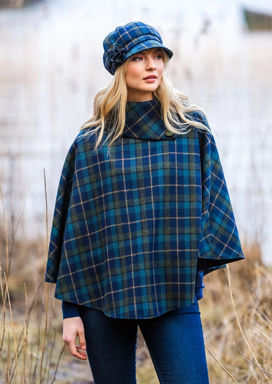 Mucros Navy Green Check Poncho