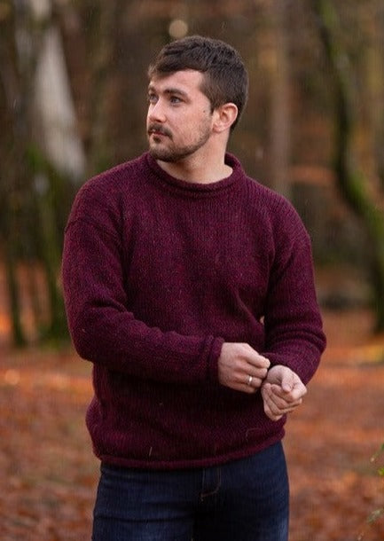 Donegal Hand Loomed Roll Neck Wine Sweater