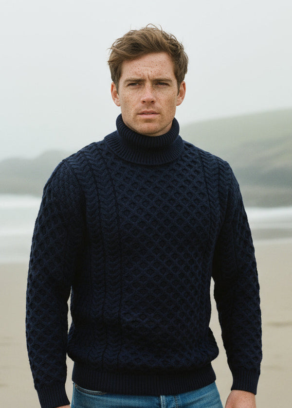 Aran Polo Neck Sweater - Navy