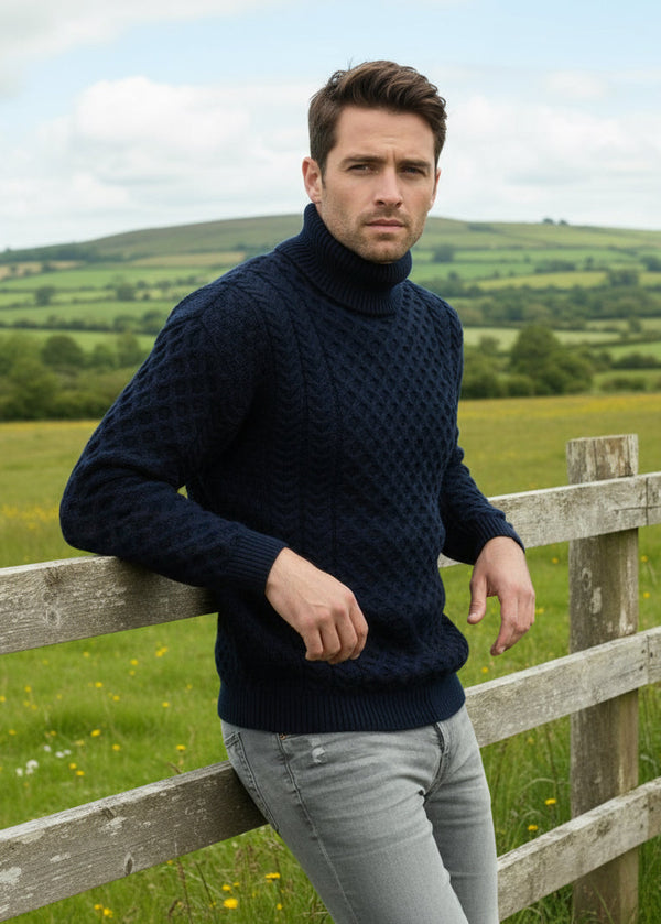 Aran Polo Neck Sweater - Navy