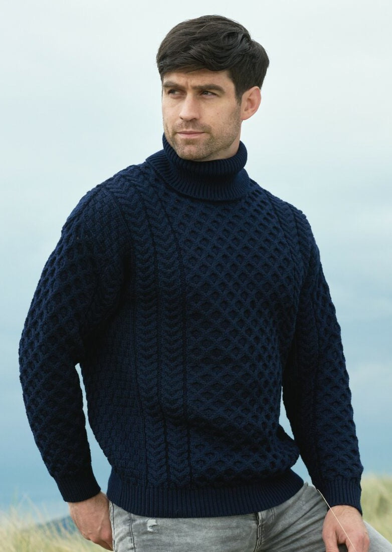 Aran Polo Neck Sweater - Navy