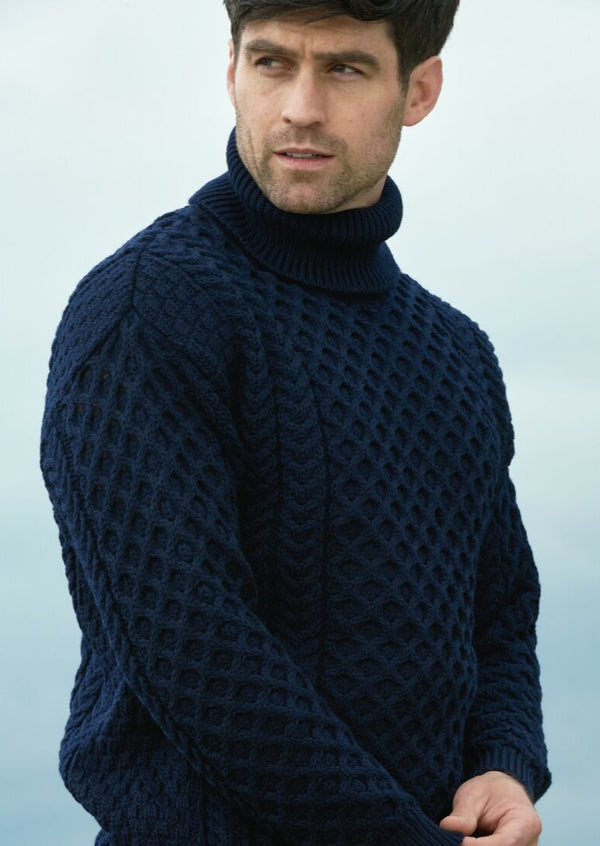 Aran Polo Neck Sweater - Navy