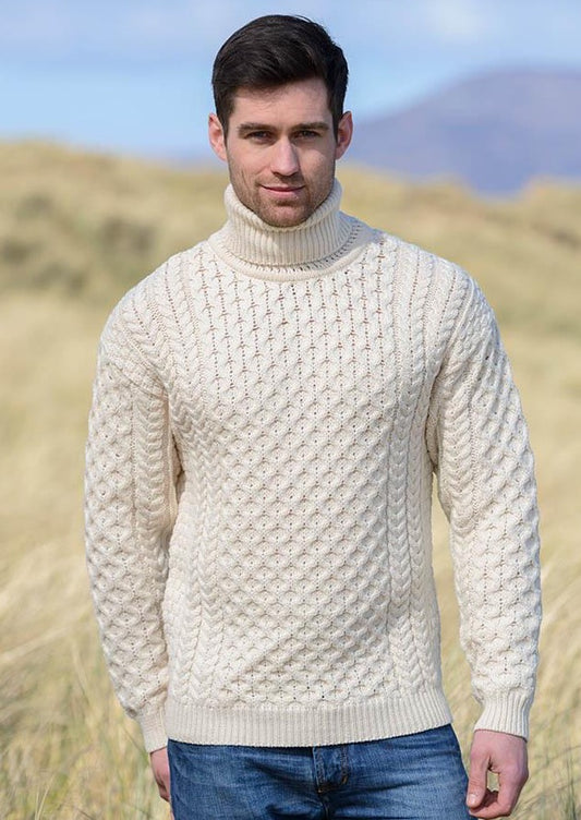 Polo Neck Natural Aran Sweater - By Aran Crafts Ireland