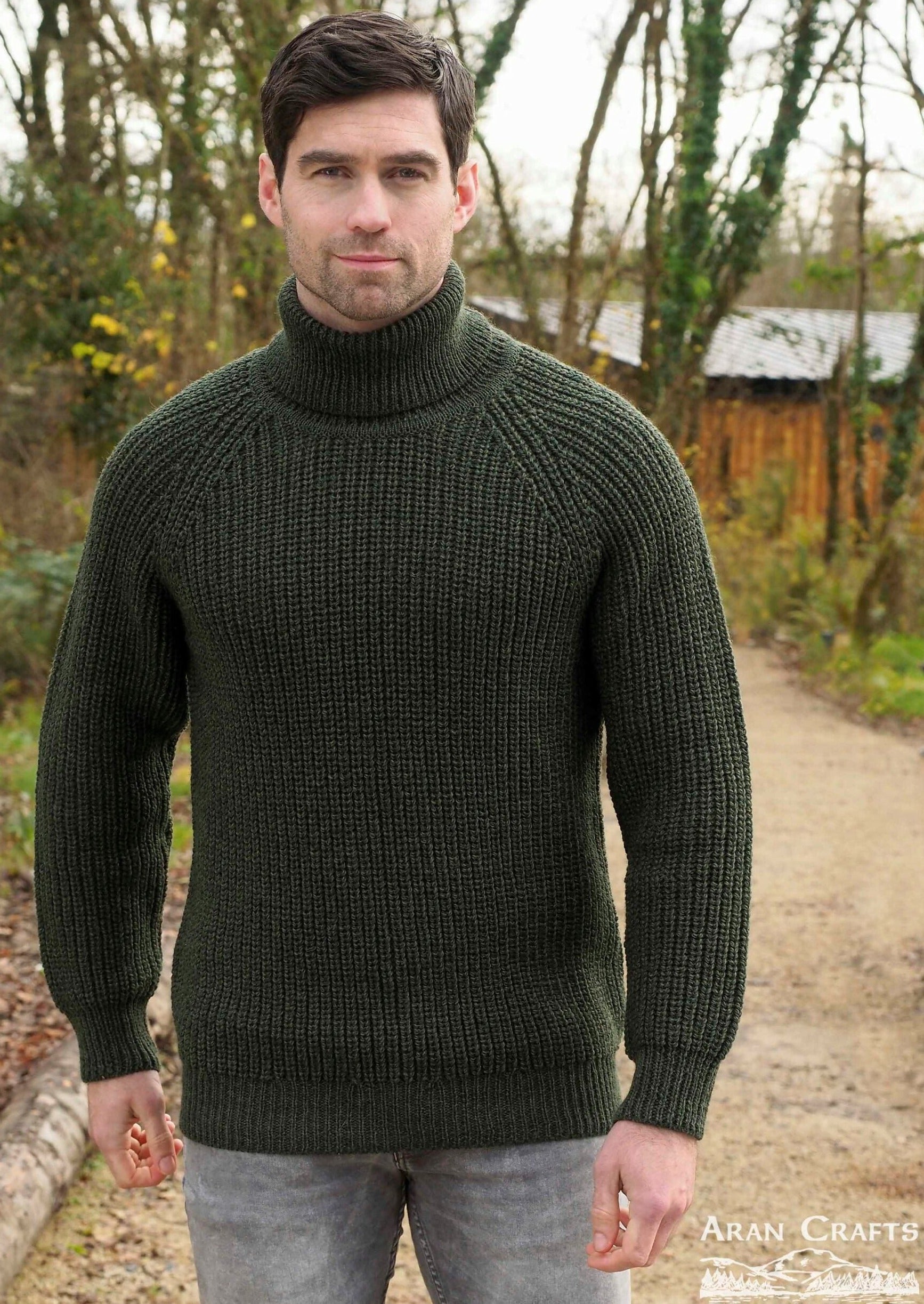 Aran Crafts Submariner Rib Roll Neck Sweater | Green